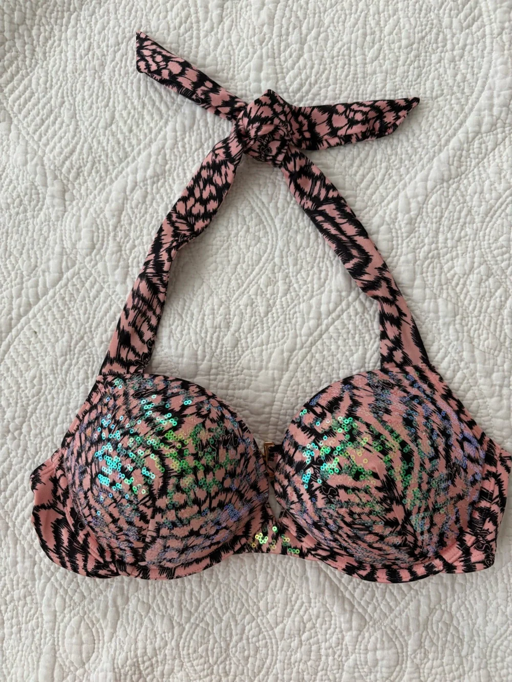 Victoria’s Secret Padded Push-Up Bikini Top. Blush/black w/clear sequins 34C